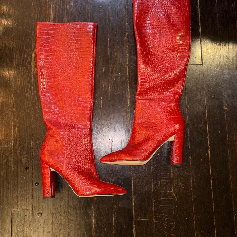 Sam Edelman Red Croc-Embossed Heeled Boots
